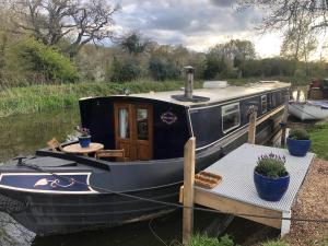 Little BaddowWillow - Cottage on the River, Luxury Houseboat的船被绑在码头上,有桌子和植物