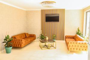 图兹拉PETRA HOTEL TUZLA的客厅配有两张沙发和一台电视机