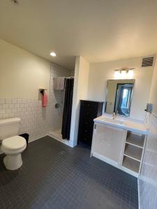 波特兰Northwest Portland Hostel的浴室配有卫生间、盥洗盆和淋浴。
