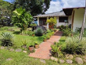 米卡Finca Hostal Bolivar - Casa Quinta的房屋前方有砖砌人行道的花园