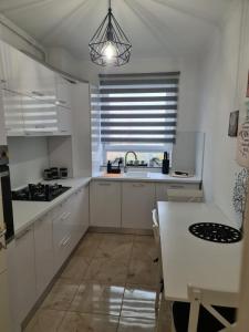 布拉索夫OSCAR HOUSE的厨房配有白色橱柜、水槽和窗户。
