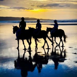 阿希帕拉90 Mile Paradise Ahipara的日落时分在海滩上骑马的三人
