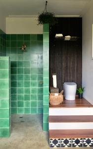 RosebankMesa Bus - Deluxe Byron Hinterland Eco Stay的浴室设有绿色瓷砖墙壁和浴缸