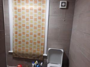 WellingRelevant properties的带淋浴帘和卫生间的浴室
