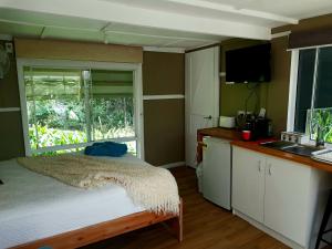 楠巴卡黑兹森林景观住宿加早餐旅馆的一间卧室设有床、窗户和水槽
