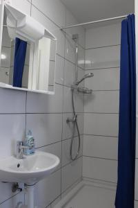 Karlsdorf-NeuthardGasthaus zum Ritter的带淋浴、盥洗盆和镜子的浴室