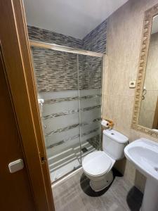 赫塔费Hostal Tres Hermanos的浴室配有卫生间、淋浴和盥洗盆。
