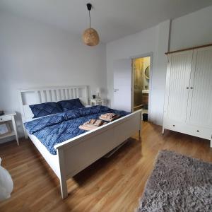 Novi BanovciChe Private Rooms Banovci的一间卧室配有一张带蓝色棉被的床