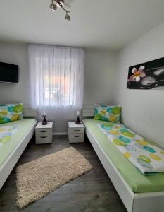 诺德霍恩Lemke-Ferienwohnung的带窗户的客房内设有两张单人床。