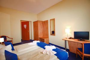 Oschatz加斯索斯祖姆施万酒店的酒店客房设有两张床、一张桌子和一台电视。