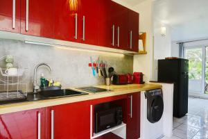 圣吉尔莱班Le Vakoa - Saint Gilles les Bains的厨房配有红色橱柜、水槽和洗碗机。