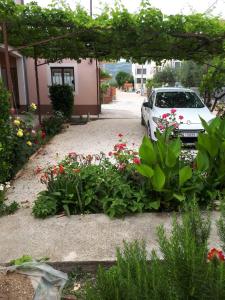 卡什泰拉Apartman Laura的种满鲜花的花园,车道上停有汽车