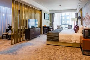 贝尔格莱德LDS Hotel Belgrade的配有一张床和一台平面电视的酒店客房