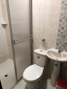 基布多Ayenda Hotel Ecosuite Quibdó的带淋浴、卫生间和盥洗盆的浴室