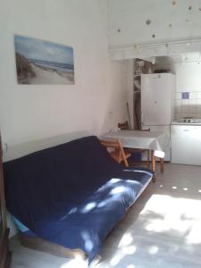米尼赞海滩A Deux Pas du Courant的一间卧室配有蓝色的床和冰箱
