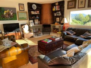 加里格利亚Campo La Carena的客厅配有皮革家具和壁炉