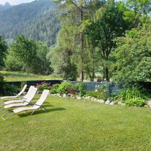 泰穆Soggiorno Vacanze Stella Alpina的坐在院子里的一组草坪椅子
