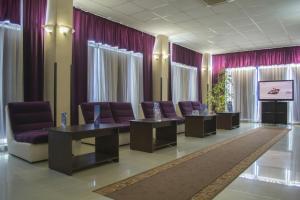布勒伊拉Hotel Triumph的一间设有紫色椅子和电视的等候室