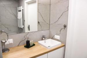 比亚韦斯托克D Apartments Centrum Prowiantowa的一间带水槽和镜子的浴室