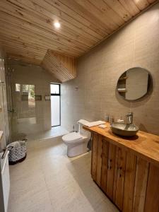 皮奇勒姆奇帕柯山林小屋和简易别墅的一间带水槽、卫生间和镜子的浴室