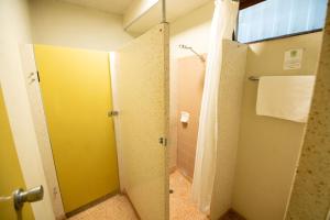 克莱尔Bentley's Hotel的带淋浴的浴室和黄色门