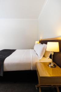 丹马克柴姆斯温泉度假山林小屋的一间卧室配有一张床和一张带台灯的桌子