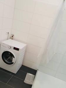 林茨Leon 3 wunderschönes neues Apartment的角落里的洗衣机