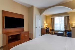 休斯顿Comfort Suites near Texas Medical Center - NRG Stadium的配有一张床和一台平面电视的酒店客房