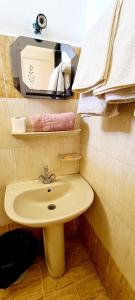 卢克索Senmut Luxory Rooms的浴室配有盥洗盆、镜子和毛巾