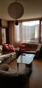 斯莫梁Слънчев апартамент с прекрасна гледка, паркинг.的带沙发和玻璃桌的客厅