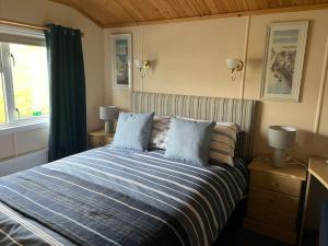米勒姆Lake View Lodge的一间卧室配有一张带两个蓝色枕头的床