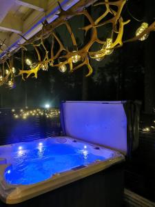 普哈圣山皮哈冰屋度假村的蓝色的浴缸配有灯和吊灯