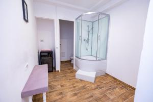 雅西Pensiunea Ewo的一间带玻璃淋浴间的浴室,铺有木地板