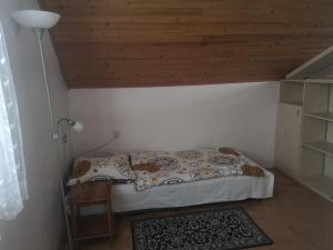 Dolní BzinceUbytovanie v sukromi的一张小床,位于一个拥有木制天花板的房间