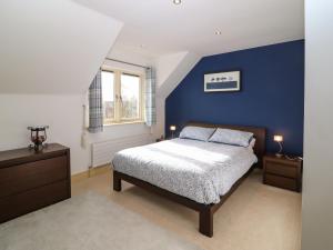 肯梅尔Ring of Kerry Golf Club Cottage的一间卧室设有蓝色墙和一张床