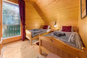 GoreljekChalet Trzinka - Triglav National Park的小木屋内一间卧室,配有两张床