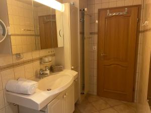 圣路易Appartement 3 lys的一间带水槽、镜子和淋浴的浴室