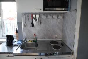 欧文港边旅馆的厨房配有水槽、炉灶和微波炉