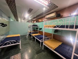 浦那Backpackers hostel的一间设有几张双层床的客房