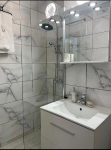 布雷亚扎Breaza Comfort Apartment的白色的浴室设有水槽和淋浴。