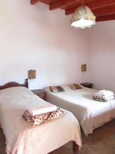 伊鲁亚El mirador de iruya的一间卧室配有两张床和吊灯。