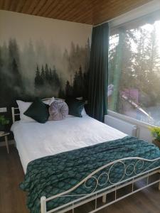 兰卡Sky view Ranca-Transalpina的一间卧室设有一张大床和大窗户