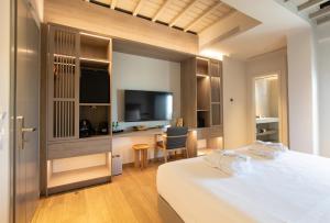米克诺斯城法布里卡斯公寓的酒店客房配有一张床、一张书桌和一台电视。