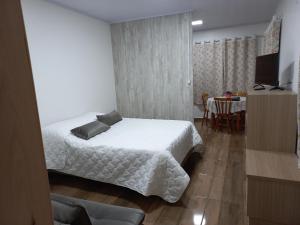 特雷齐蒂利亚斯Hospedaria Mitterer的一间卧室配有一张床、一张桌子和一台电视
