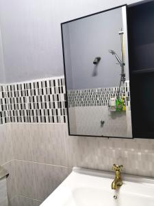 梳邦再也D2Pie Homestay的浴室设有水槽、镜子和淋浴