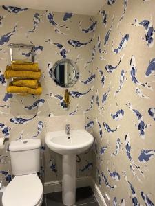 CorrieThe Corrie Hotel的蓝色和白色的浴室设有卫生间和水槽