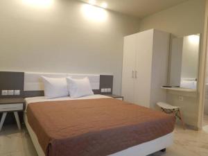 帕拉利亚卡泰里尼斯AKTES PIERIAS (GARDEN ROOMS)的一间卧室配有一张带书桌和橱柜的床。