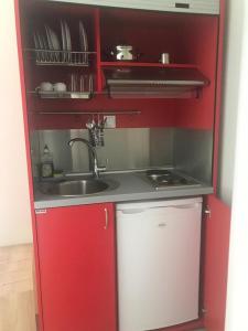 帕拉利亚卡泰里尼斯AKTES PIERIAS (GARDEN ROOMS)的一个带水槽和红色橱柜的小厨房