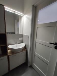 霍茹夫Silesia Comforts Katowice, Chorzów SELF CHECK的浴室设有白色水槽和镜子