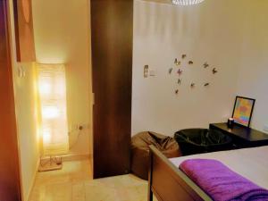 艾恩Full Apartment in Central Al Ain (All Amenities)的一间卧室配有一张带紫色毯子的床
